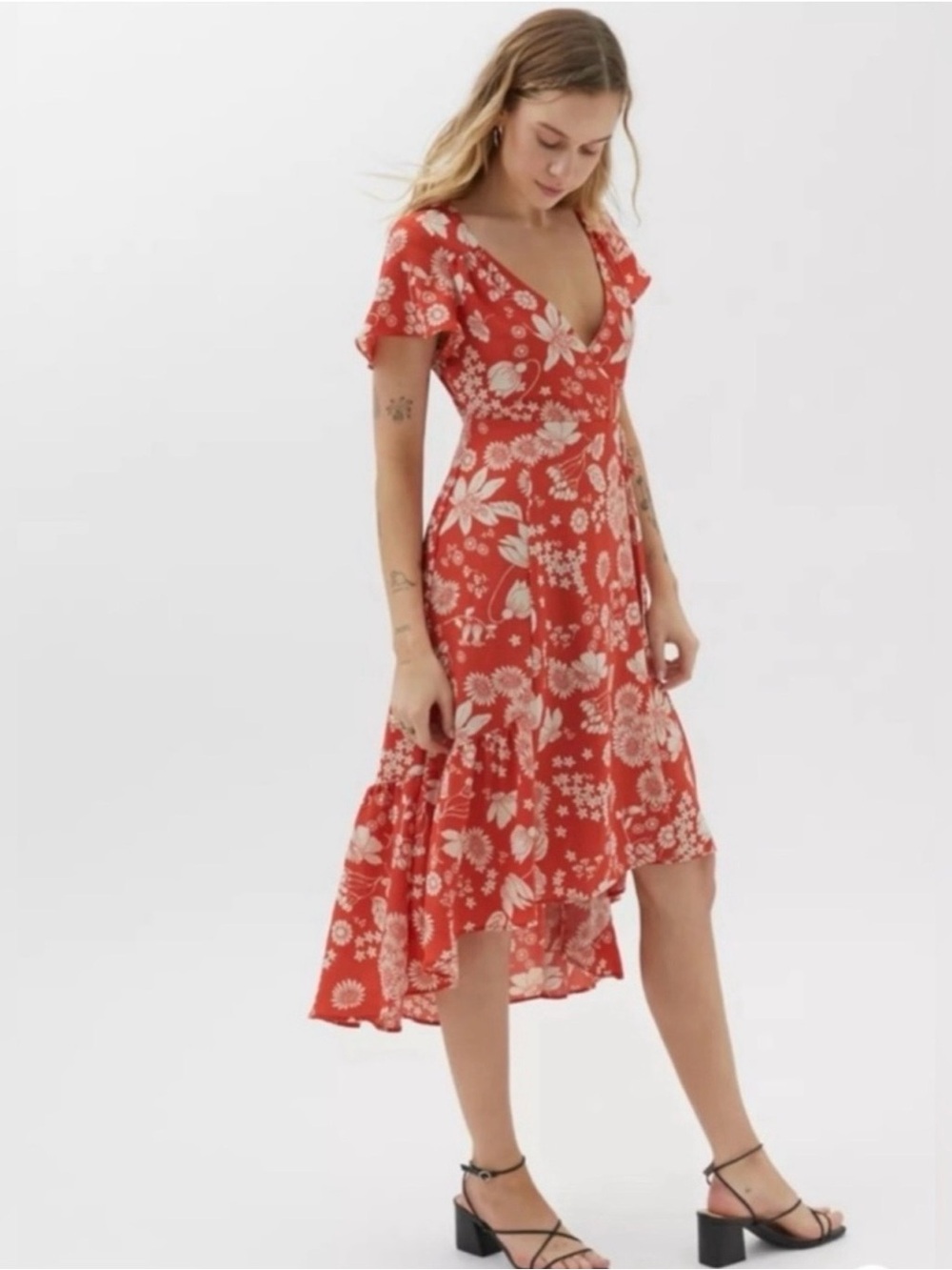 Urban Outfitters Orange Floral High-Low Wrap V-Neck Dress Small